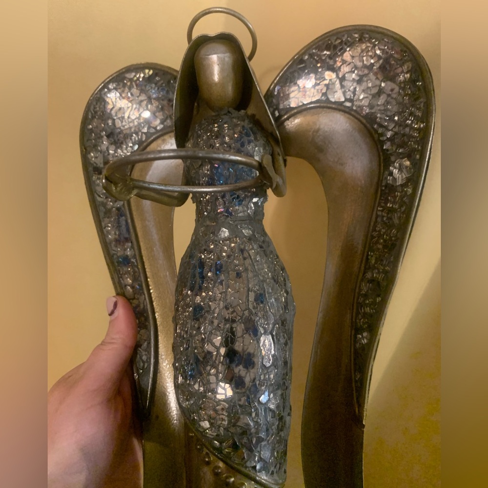 Vintage Pier 1 Brass Angel 19” Candle Holder Mosaic Glass